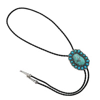 Vintage Western Bolo Tie, Turquoise Howlite Stone Pendant with Silver Tone Accents, Black Braided Faux Leather, 22 Inch