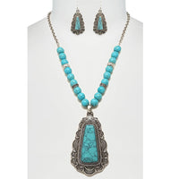 Western Turquoise Howlite Necklace and Earring Set, Antique Silver Tone, Tribal Pendant Design
