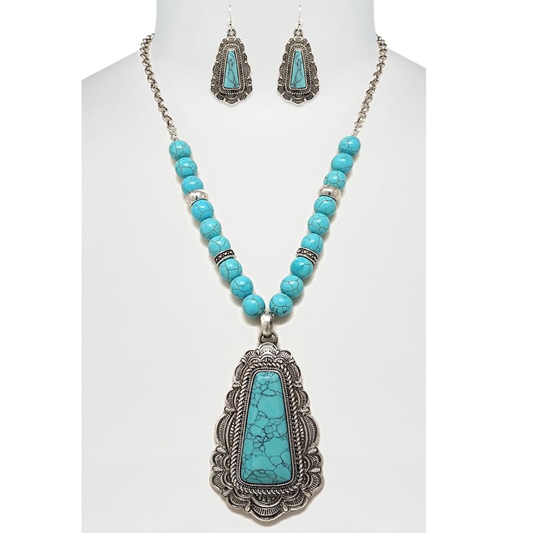 Western Turquoise Howlite Necklace and Earring Set, Antique Silver Tone, Tribal Pendant Design