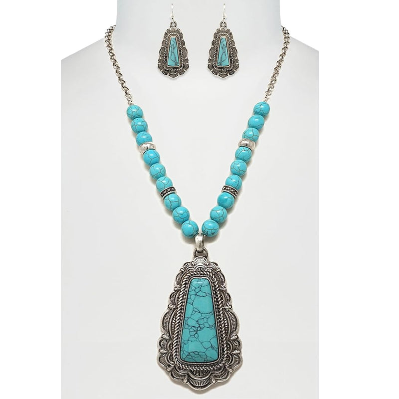 Western Turquoise Howlite Necklace and Earring Set, Antique Silver Tone, Tribal Pendant Design
