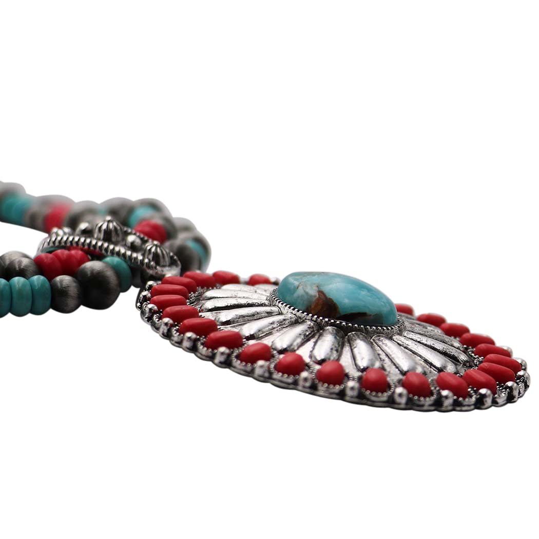 Cowgirl Chic Statement Burnished Silver Howlite Concho Pendant On Multi Strand Western Metallic Pearl Necklace Earrings Set, 20"+3" Extender