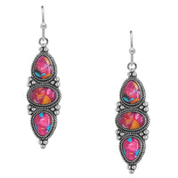 Vintage Style Dangle Earrings, Antique Silver Tone, Simulated Spiny Oyster Stone, Triple Drop Design