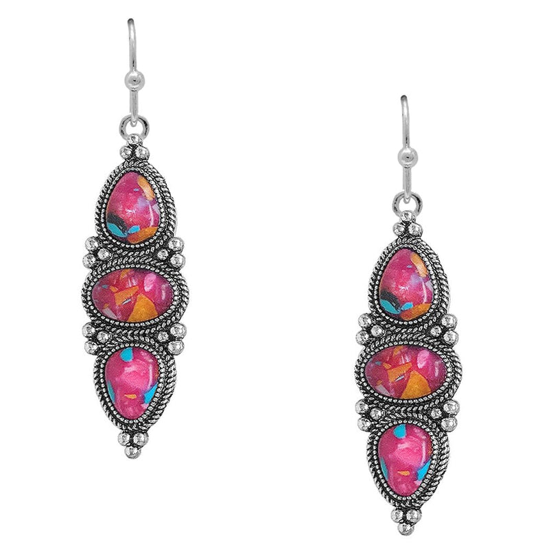 Vintage Style Dangle Earrings, Antique Silver Tone, Simulated Spiny Oyster Stone, Triple Drop Design