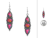 Vintage Style Dangle Earrings, Antique Silver Tone, Simulated Spiny Oyster Stone, Triple Drop Design