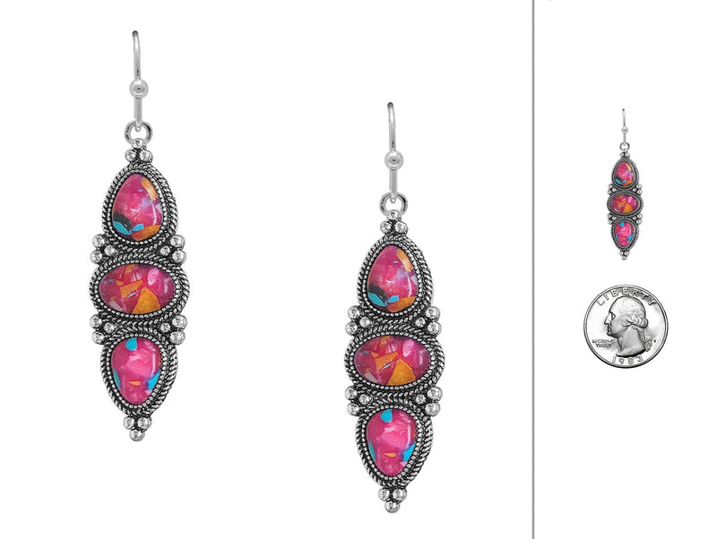 Vintage Style Dangle Earrings, Antique Silver Tone, Simulated Spiny Oyster Stone, Triple Drop Design