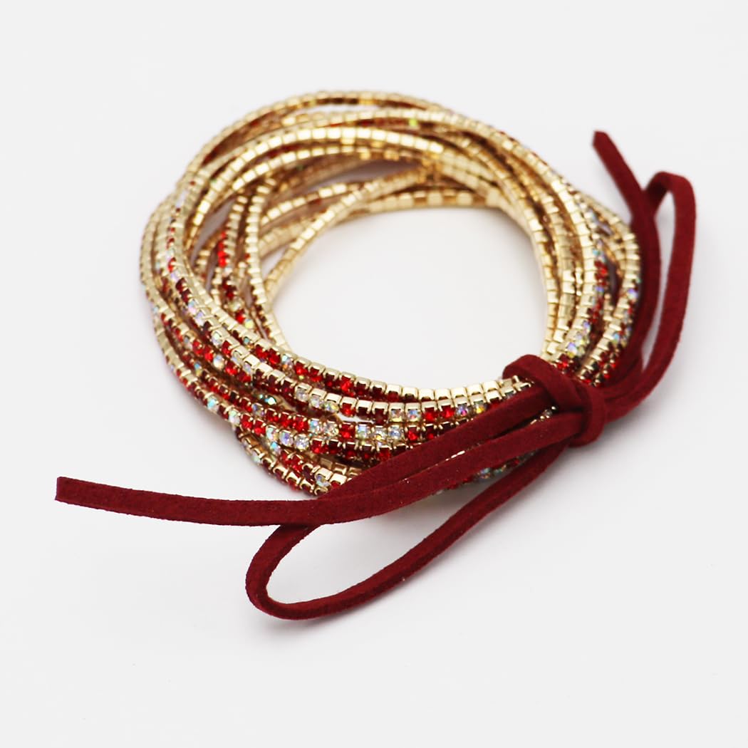 Crystal Rhinestone Stretch Bracelets, Stacking Style, Set of 12, 6.75 Inch (Gold Tone Verigated Red w/AB)