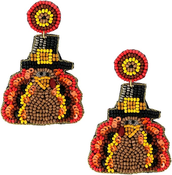 Gobalicious Decorative Seed Bead Thanksgiving Turkey In A Pilgrim Hat Earrings, 3" (Circular Top, 2.75")