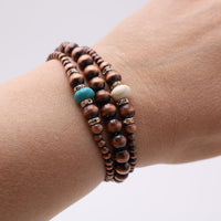 Set of 3 Western Metallic Bead And Howlite Stone With Crystal Detail Stretch Bracelets 6.75" (Copper Burnished Turquoise)
