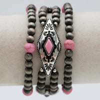 Western Navajo Beaded Stretch Bracelets Silver and Pink Howlite Stone Set of 3