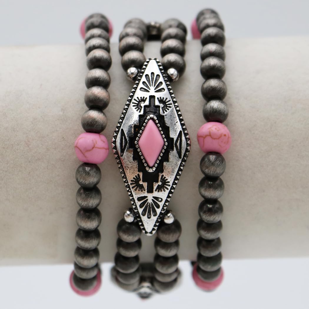 Western Navajo Beaded Stretch Bracelets Silver and Pink Howlite Stone Set of 3