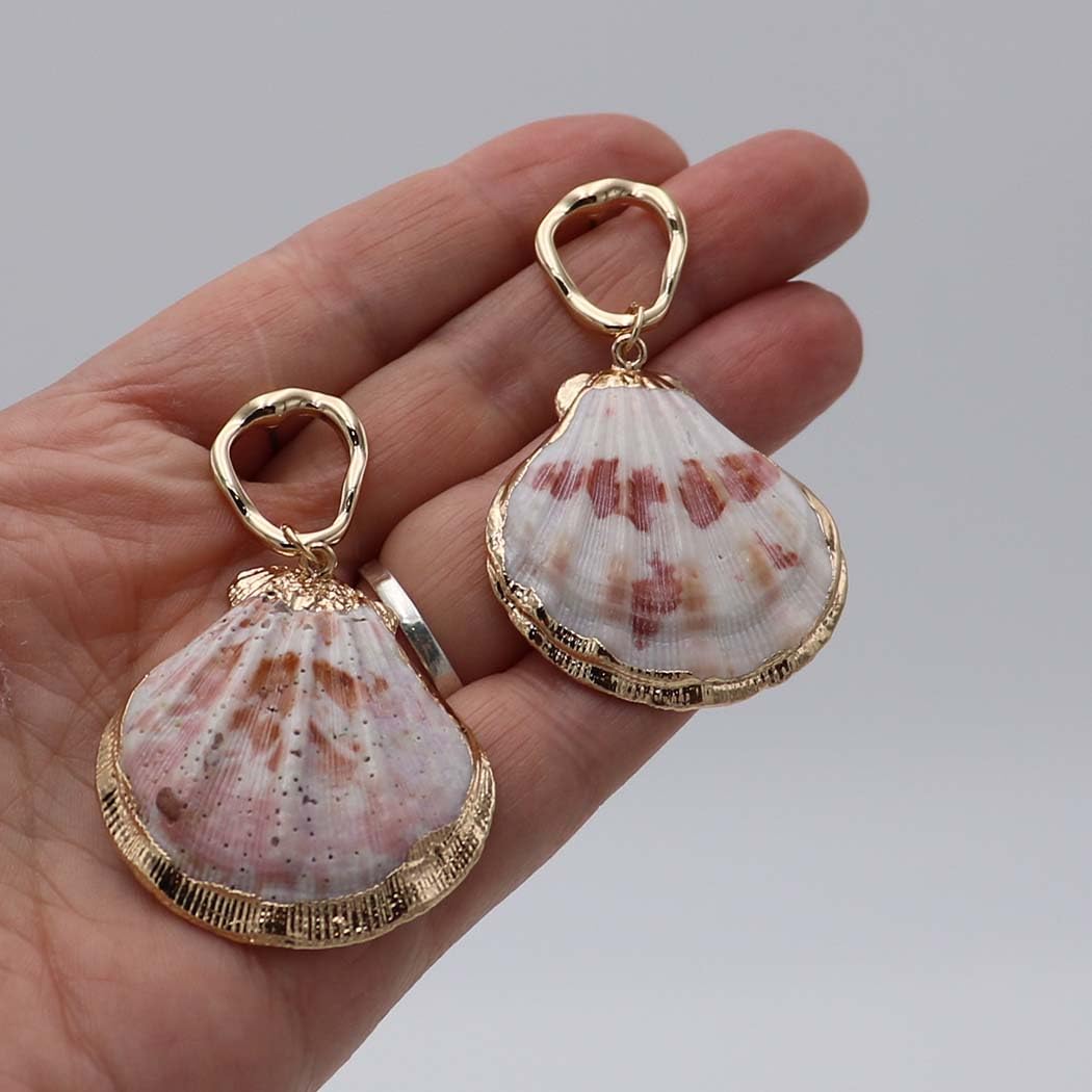 Natural Seashell Dangle Earrings, Gold Frame, Pink, Coral and White Shell Pattern, Beach Theme Statement Jewelry, 2.5 Inch Length