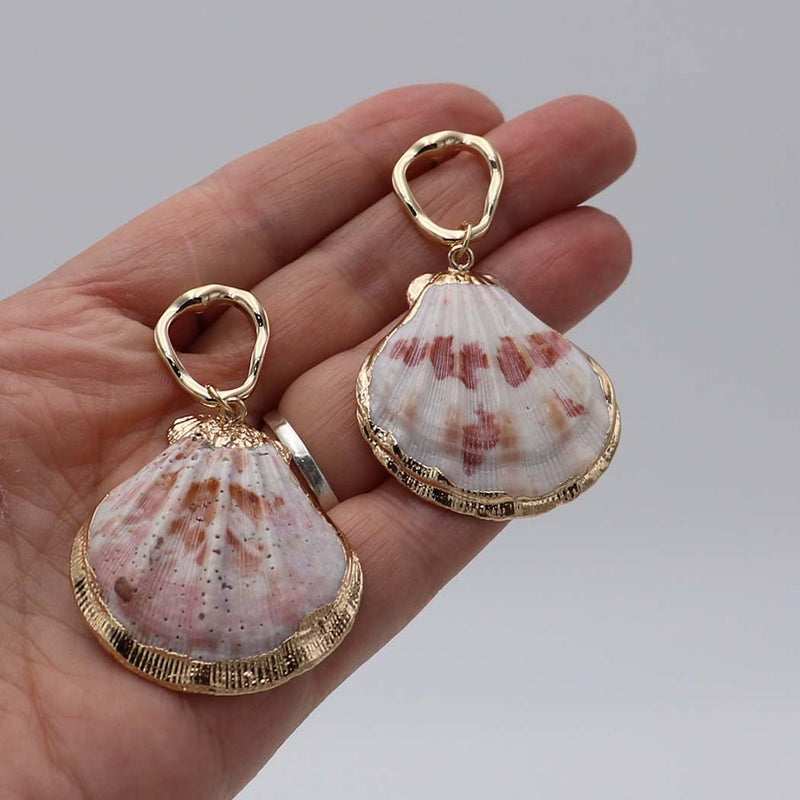 Natural Seashell Dangle Earrings, Gold Frame, Pink, Coral and White Shell Pattern, Beach Theme Statement Jewelry, 2.5 Inch Length