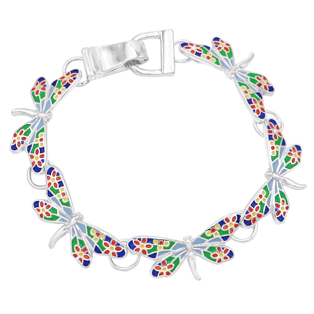 Magical Dragonfly Jewelry Pieces With Colorful Enamel Flower Pattern (Easy Clasp Bracelet, 7")