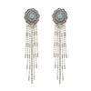 Vintage Turquoise Howlite Center Concho Earrings, Antique Silver Crystal Fringe Dangle, Western Style, 3.5 Inch Length