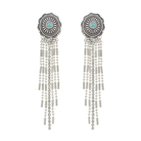 Vintage Turquoise Howlite Center Concho Earrings, Antique Silver Crystal Fringe Dangle, Western Style, 3.5 Inch Length