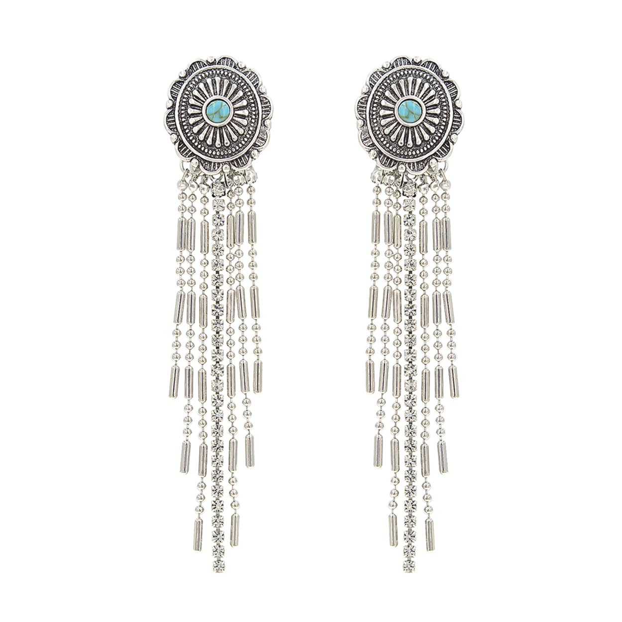 Vintage Turquoise Howlite Center Concho Earrings, Antique Silver Crystal Fringe Dangle, Western Style, 3.5 Inch Length