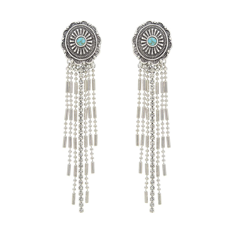 Vintage Turquoise Howlite Center Concho Earrings, Antique Silver Crystal Fringe Dangle, Western Style, 3.5 Inch Length