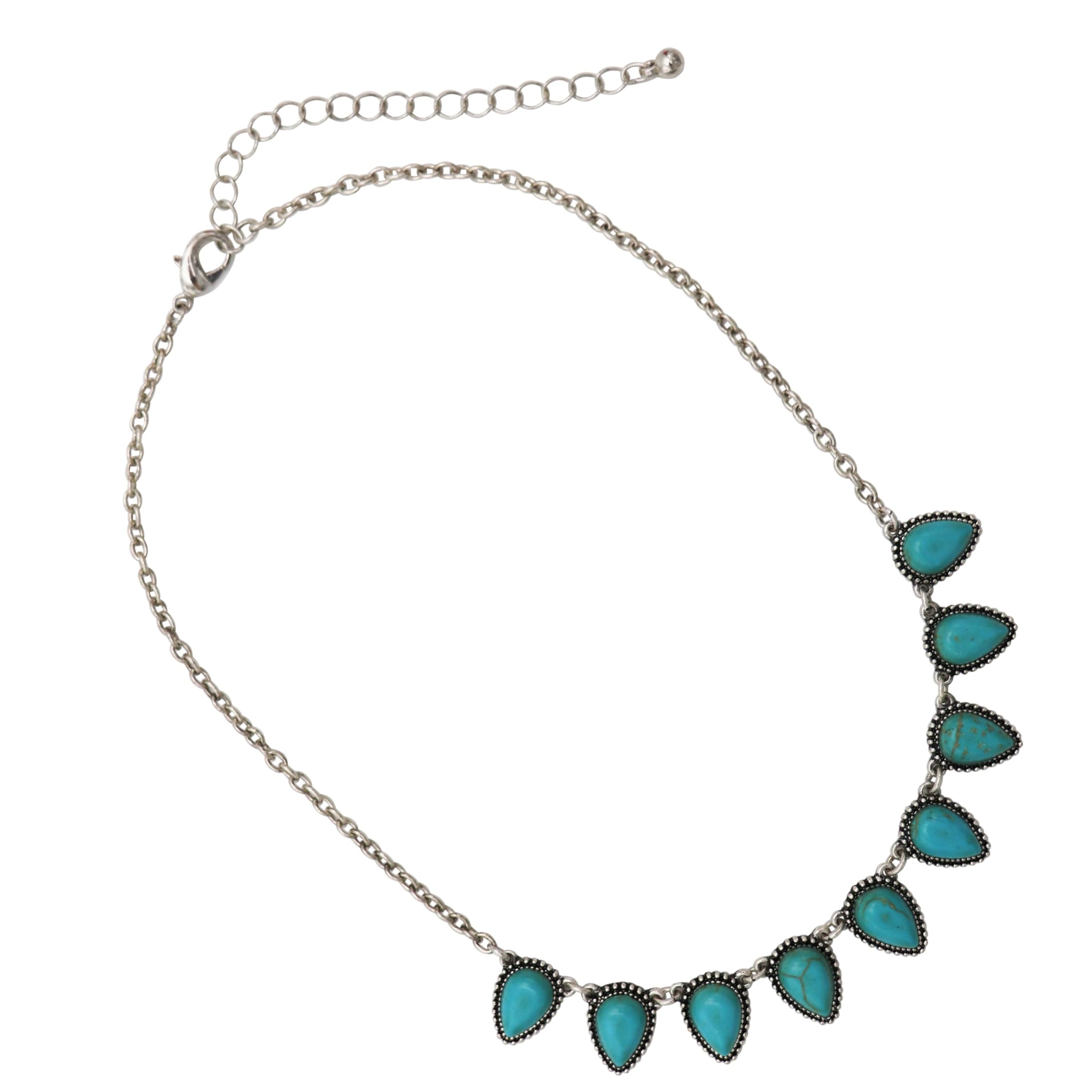 Western Style Statement Choker Necklace, Turquoise Blue Howlite Teardrop Stones, Burnished Silver Tone