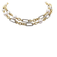 Two-Tone Link Chain Long Necklace, Gold and Silver with Pearl Accents, Toggle Clasp, 36"