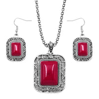Women's Western Style Silver Tone Rectangular Medallion With Natural Howlite Necklace Earrings Set, 18"+3" Extension