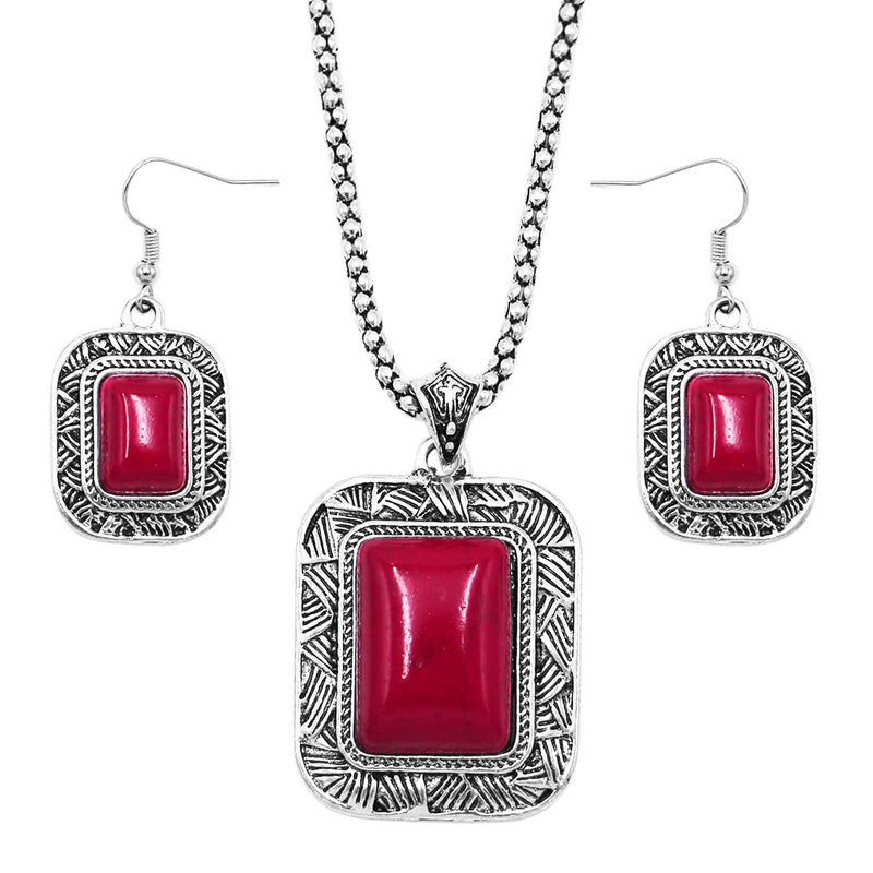 Women's Western Style Silver Tone Rectangular Medallion With Natural Howlite Necklace Earrings Set, 18"+3" Extension