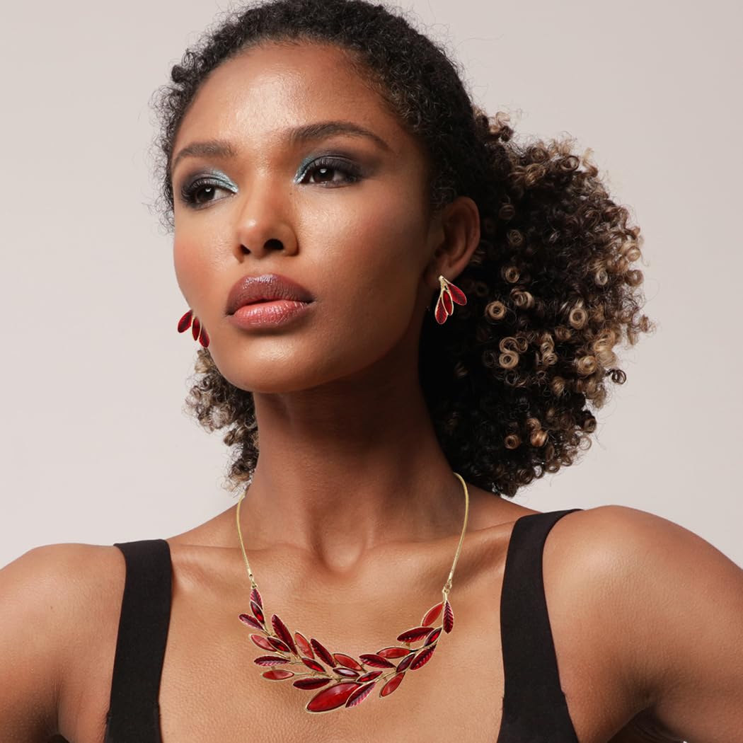 Stunning Textured Chevron Leaves Enamel Lucite With Marquis Crystal Rhinestones Necklace Earrings Polished Gold Tone Bridal Set, 13"+3" Extension (Reds)