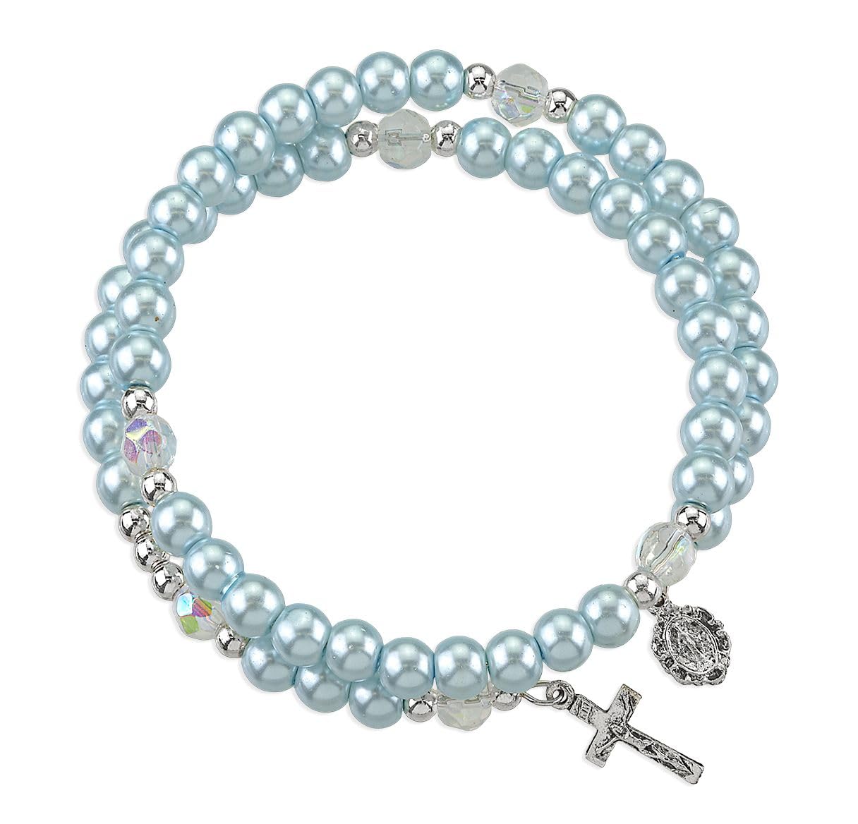 Rosemarie's Religious Gifts Women's 5-Decade Spiral Wrap Rosary Bracelet, Light Blue Imitation Pearl Bead