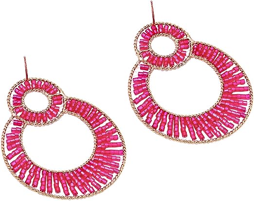Hot Pink Seed Bead With Gold Tone Trim Hypoallergenic Post Back Hoop Earrings, 2.25