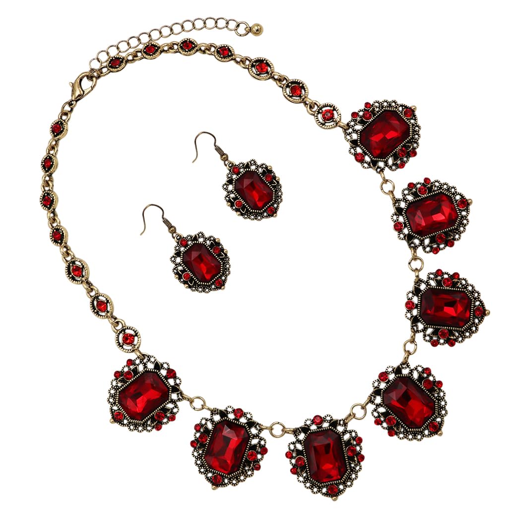 Stunning Emerald Cut Crystals In Burnished Gold Tone Frames Statement Vintage Style Necklace Earrings Set, 18"+3" Extender (Ruby Red)