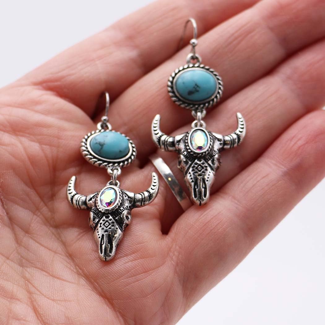 Western Dangle Earrings, Turquoise Howlite, Silver Long Horn with Iridescent Crystal, 1.50 Inch
