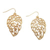 Gold Tone Metal Filigree Leaf Dangle Earrings, 2"
