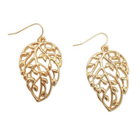Gold Tone Metal Filigree Leaf Dangle Earrings, 2"