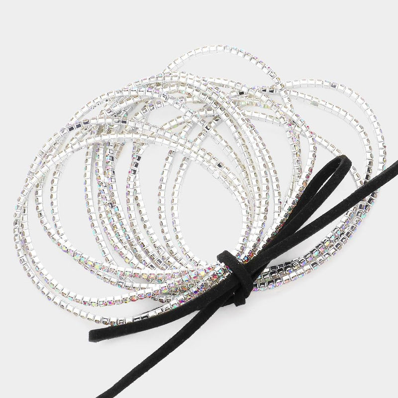 Crystal Rhinestone Stretch Bracelets, Stacking Style, Set of 12, 6.75 Inch (Sparkling Silver AB)