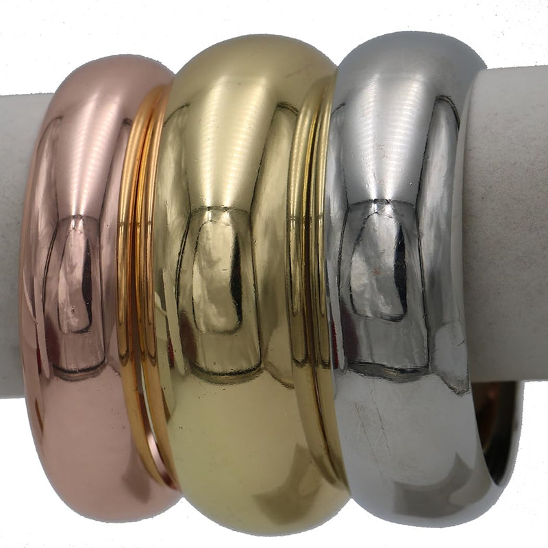 Tri-Color Stacking Bangle Bracelets Set, Rose Gold, Gold and Silver Plated, Round Chunky Design, Thick, Bold and Gold for Med to Large size wrists 3 Piece Set 8.25"