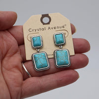 Western Style Rectangular Semi Precious Howlite Hypoallergenic Post Drop Earrings, 1.50" (Turquoise Burnished Silver)