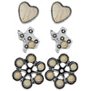 Western Earrings Set of 3 Pairs, Texas, Heart and Floral Design, Silver Tone with Natural Howlite