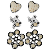 Western Earrings Set of 3 Pairs, Texas, Heart and Floral Design, Silver Tone with Natural Howlite