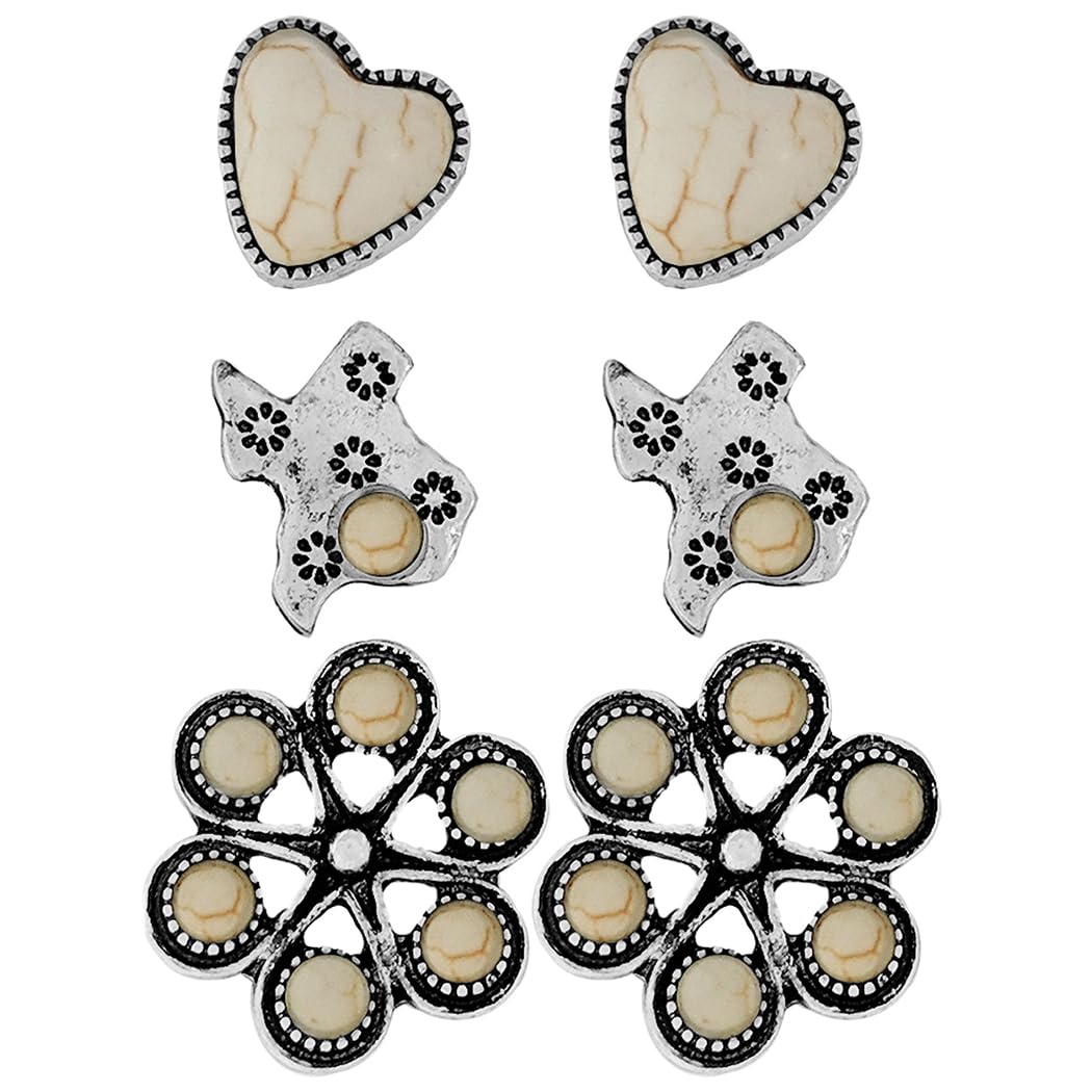 Western Earrings Set of 3 Pairs, Texas, Heart and Floral Design, Silver Tone with Natural Howlite