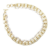 Triple Strand Gold Tone Necklace with Paperclip Chain and Faux Freshwater Pearls, Toggle Clasp, 16-18 Inch