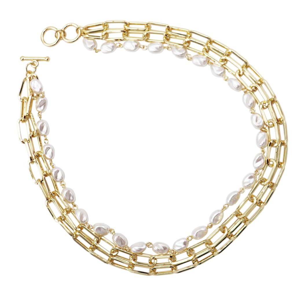 Triple Strand Gold Tone Necklace with Paperclip Chain and Faux Freshwater Pearls, Toggle Clasp, 16-18 Inch
