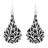 Women's Tailored Polished Silver Metal and Black Enamel Decorative Scroll Geometric Teardrop Dangle Earrings, 1.75"