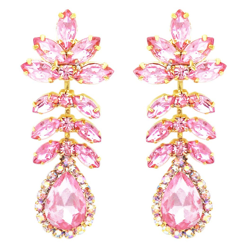 Stunning Pretty In Pink Crystal Dangle Gold Tone Hypoallergenic Post Earrings Barbie Costume Jewelry, 2.25"