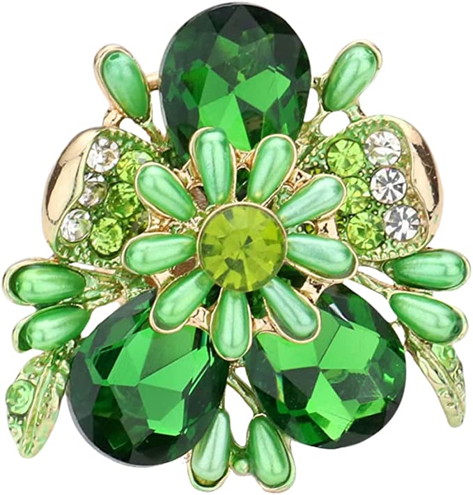 Stunning Statement Crystal Teardrop And Pave Petals With Simulated Pearl Flower Stretch Cocktail Ring, 1.75" (Bright Green Crystal Gold Tone)