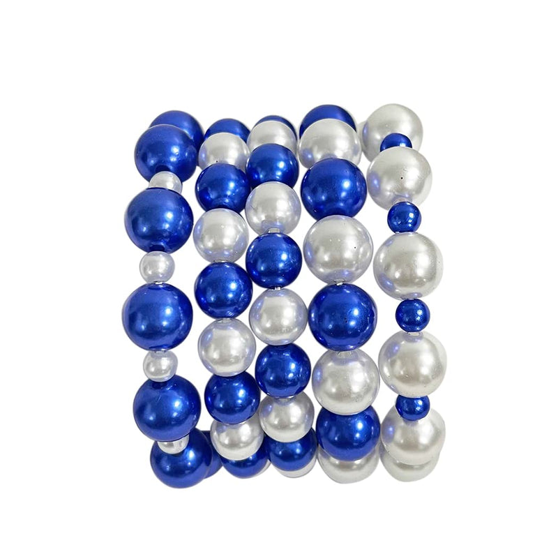 Women's Stacking Set of 5 Statement Stretch Beaded Simulated Pearl Bracelet, 6.75" (Blue And White Mix)