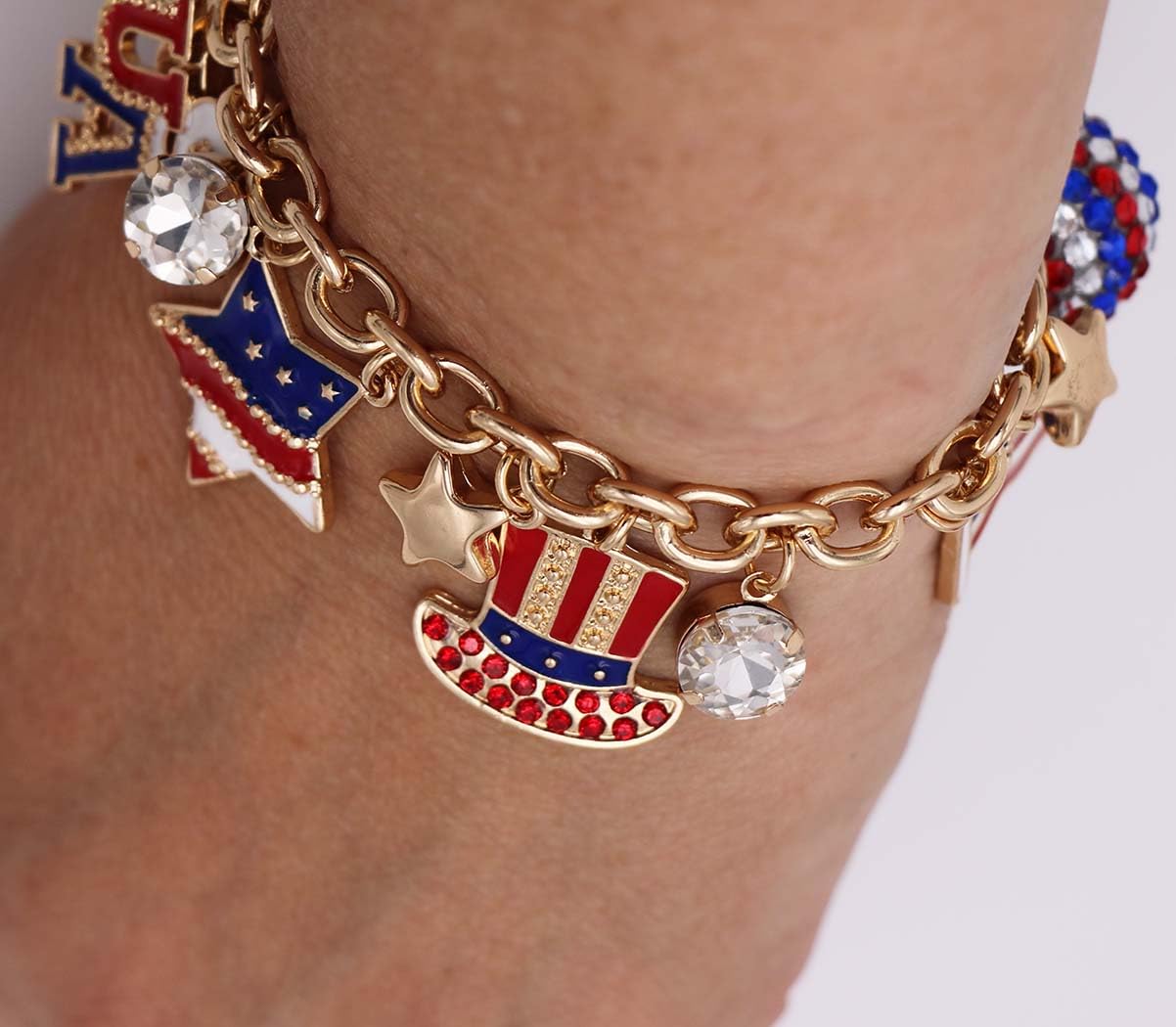 Sleek Polished Gold Tone Red White And Blue USA Flag Patriotic July 4th Charm Bracelet, Adjustable Toggle Clasp Bracelet, 7.5" - 8.5"