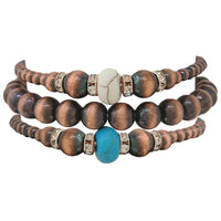 Set of 3 Western Metallic Bead And Howlite Stone With Crystal Detail Stretch Bracelets 6.75" (Copper Burnished Turquoise)