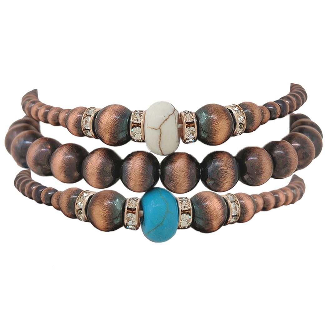 Set of 3 Western Metallic Bead And Howlite Stone With Crystal Detail Stretch Bracelets 6.75" (Copper Burnished Turquoise)