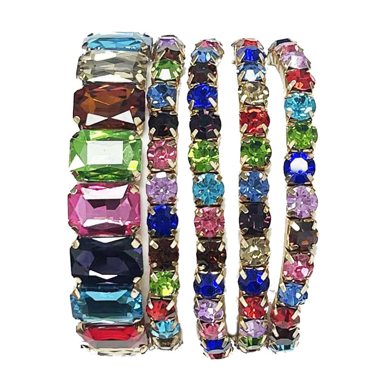 Women's Stunning Statement Bejeweled Set Of 5 Colorful Crystal Rhinestone Stretch Bracelets, 6.75" (Multicolored Crystal Gold Tone)