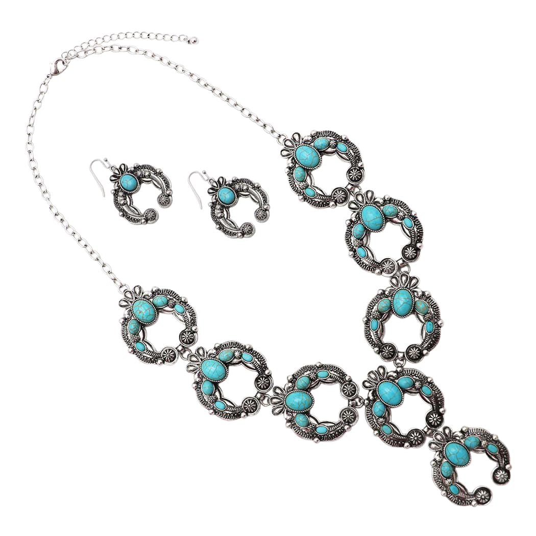 Cowgirl Chic Western Style Colorful Howlite Stone Squash Blossoms Y-Drop Necklace Earrings Set, 24"+3" Extension (Turquoise Howlite)