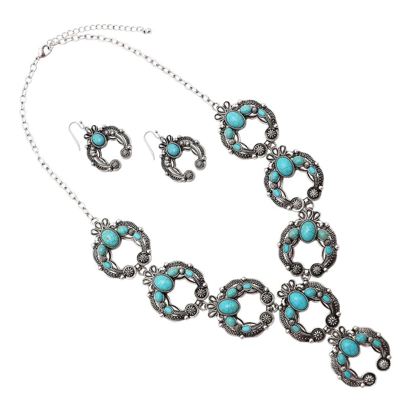 Cowgirl Chic Western Style Colorful Howlite Stone Squash Blossoms Y-Drop Necklace Earrings Set, 24"+3" Extension (Turquoise Howlite)